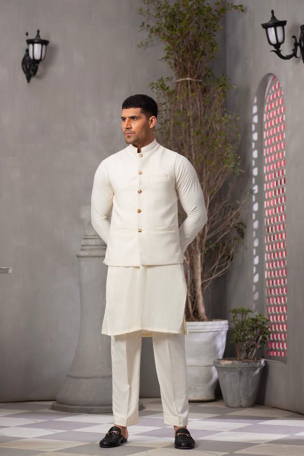 Cloudy White Kurta Pajama with Waistcoat