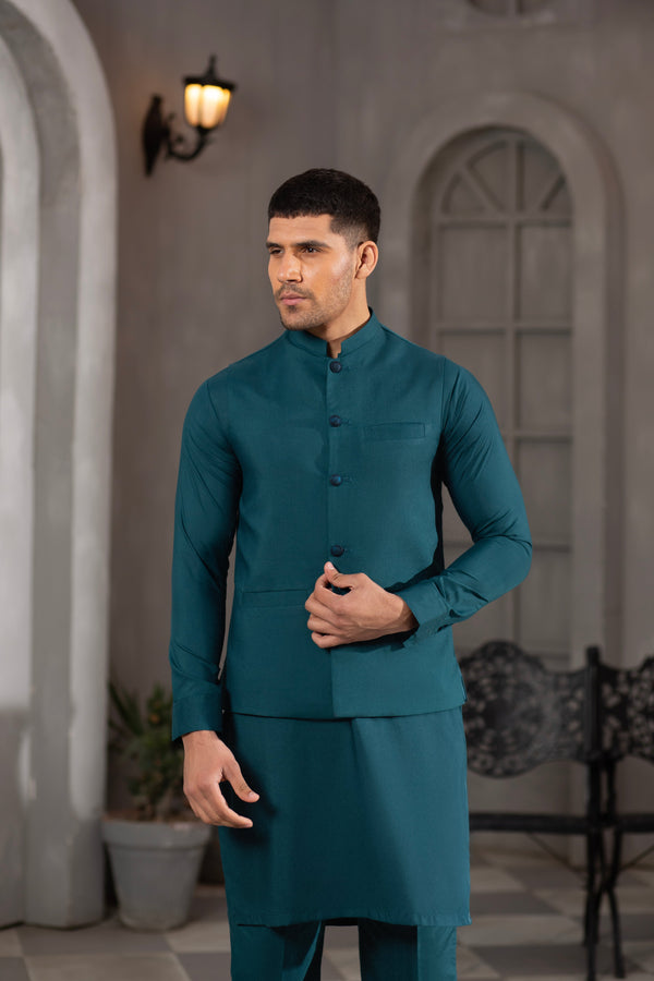 GREEN KURTA PAJAMA WITH WAISTCOAT