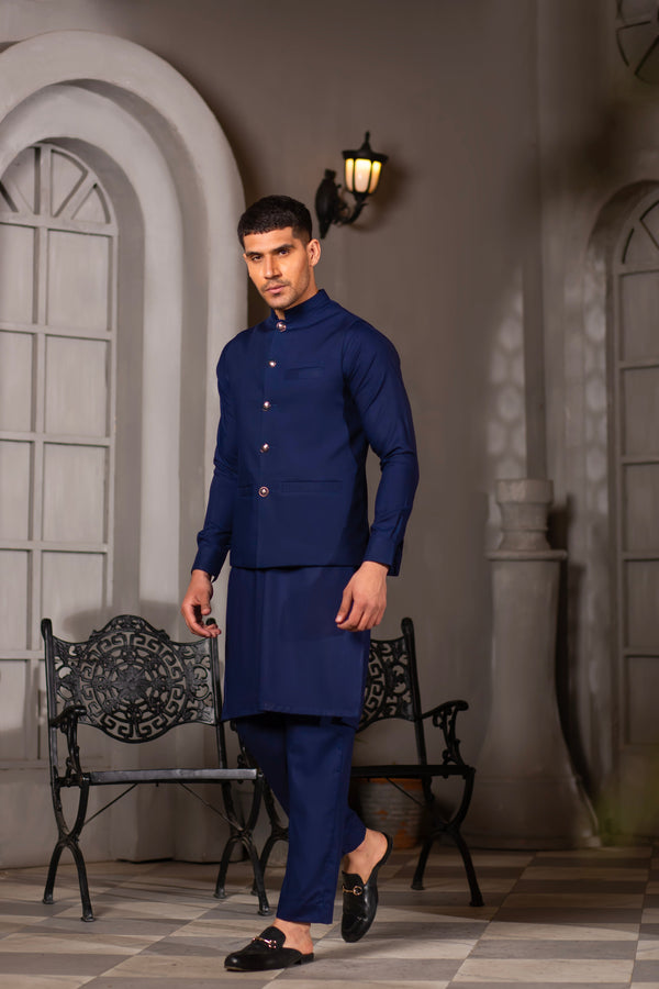 NAVY BLUE KURTA PAJAMA WITH WAISTCOAT