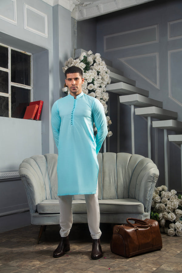 SEA BLUE KURTA & WHITE TROUSER